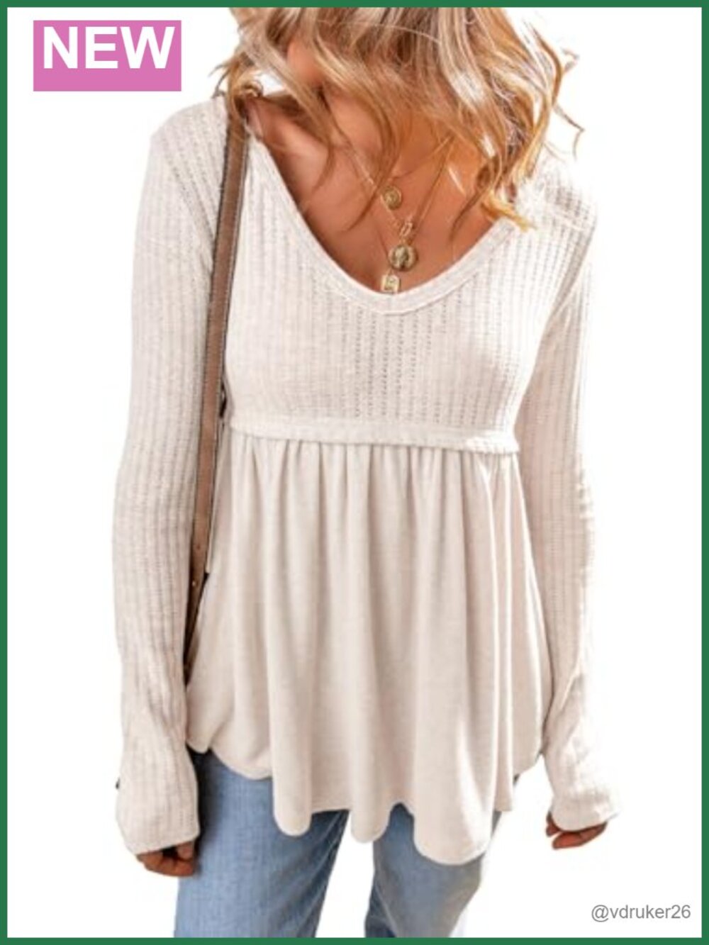Women's Long Sleeve V-Neck Tunic T-Shirt Textured Babydoll Casual Top